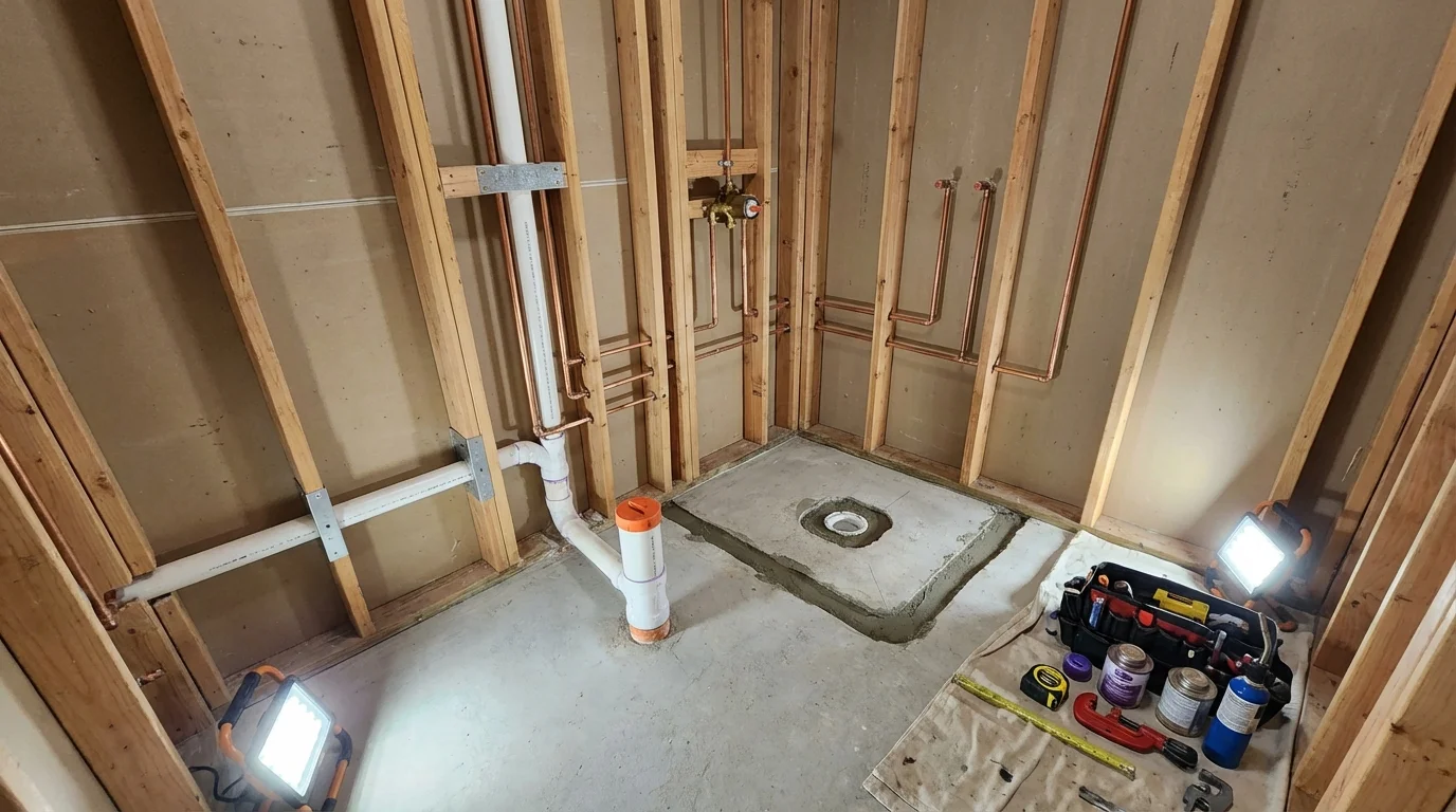 Bathroom rough-in plumbing during remodel by Johns Plumbing LLC in Manitou Springs