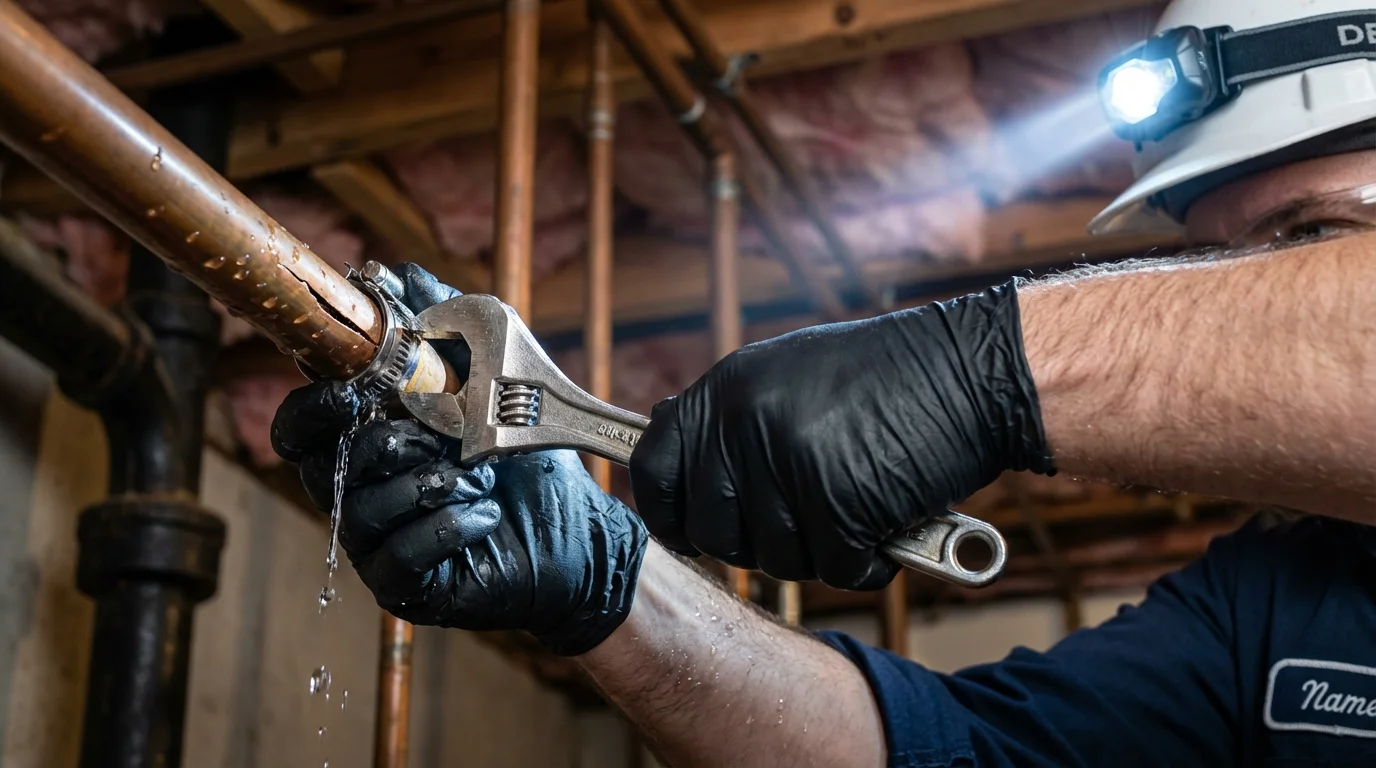 Emergency pipe clamp repair being performed by a Johns Plumbing LLC plumber in Manitou Springs