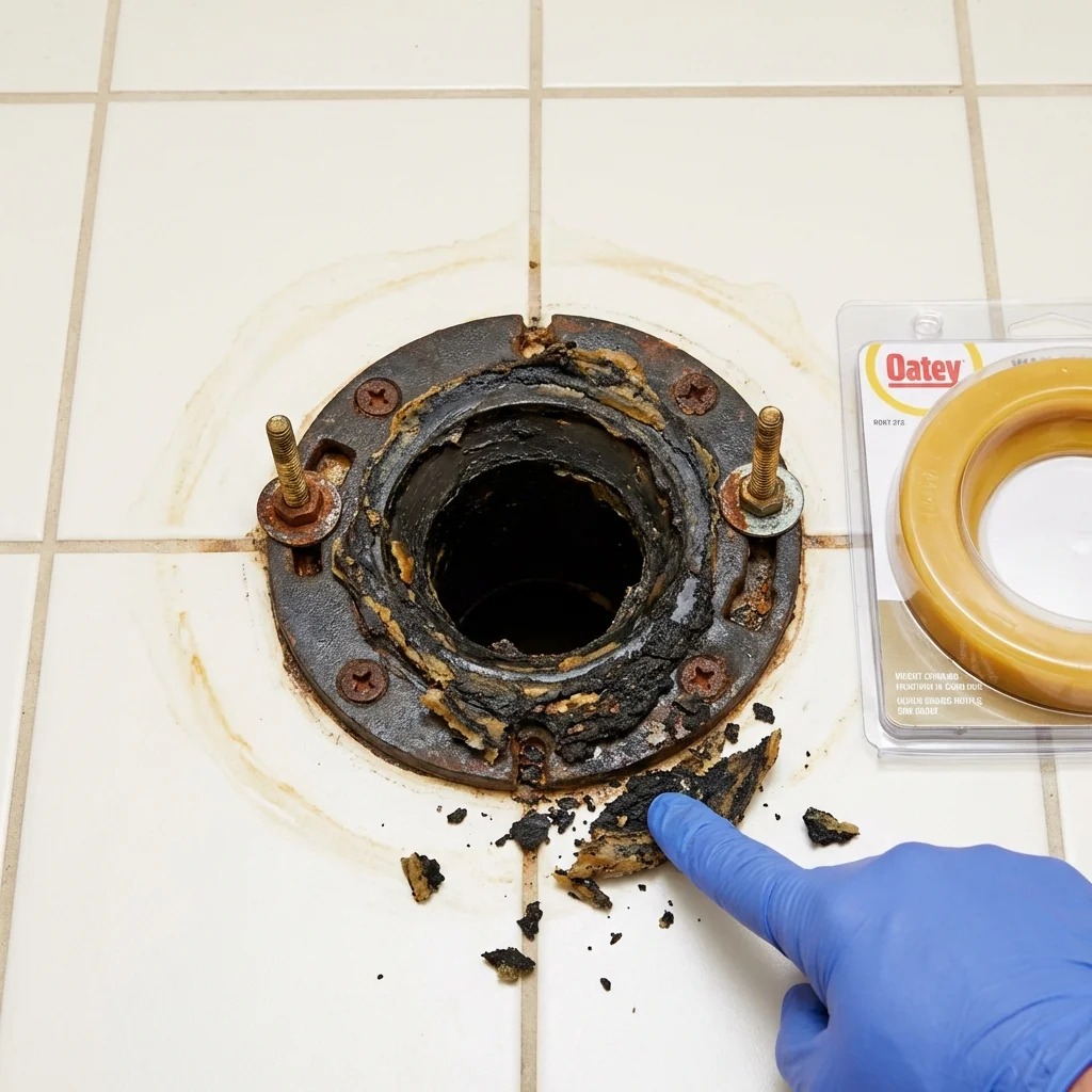 Failed wax ring showing water seepage at the base of a toilet in a Manitou Springs, CO home