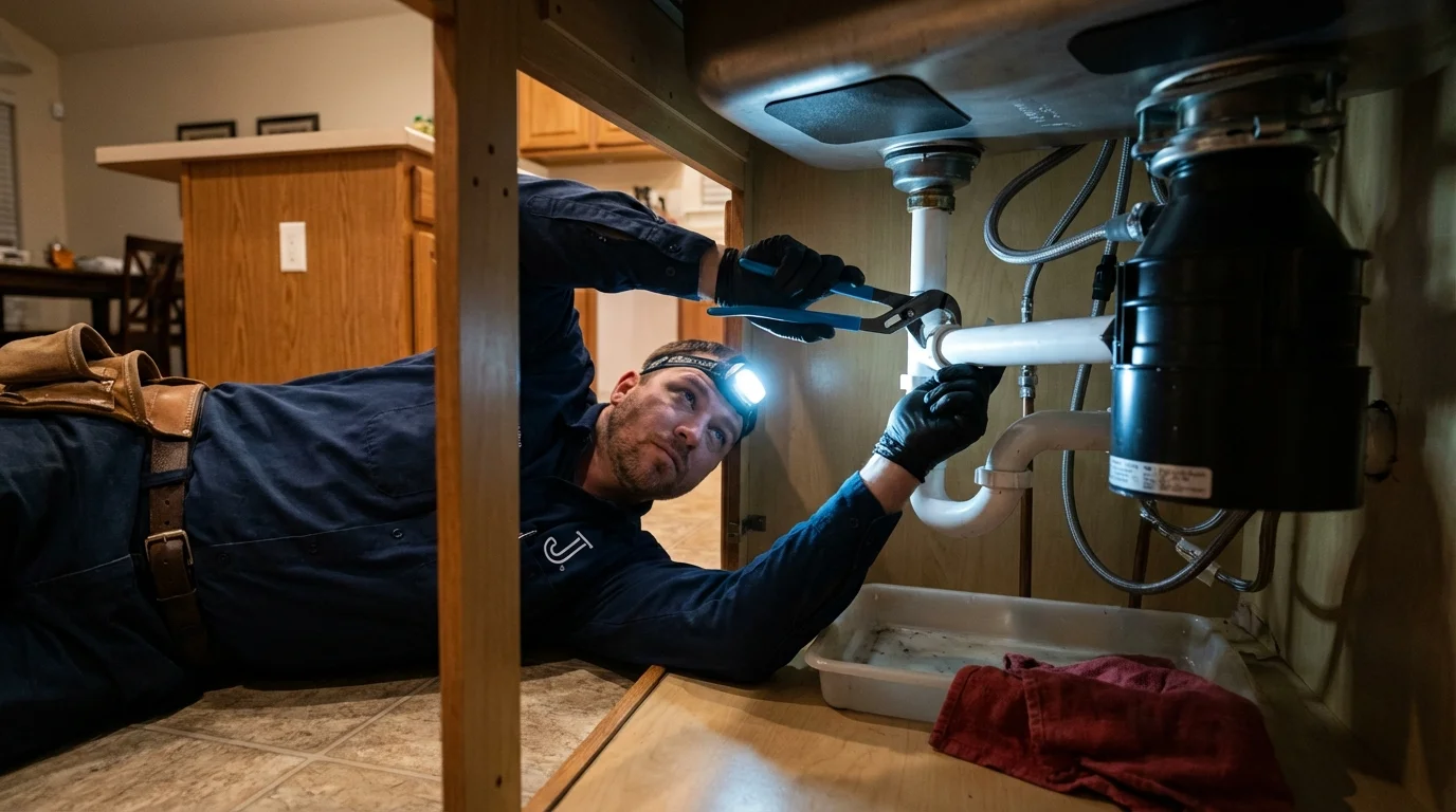P-trap and supply line connections under a kitchen sink showing a common leak point in Manitou Springs, CO